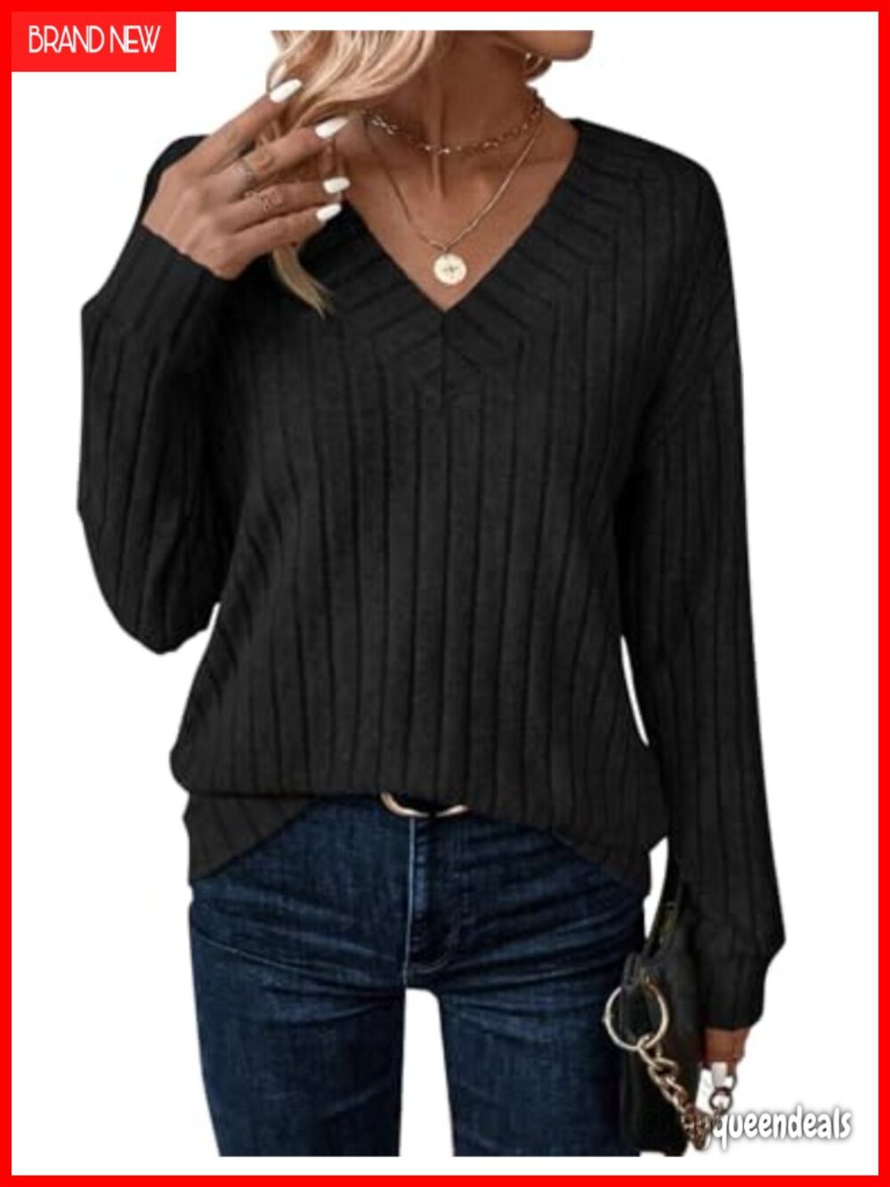 Women Long Sleeve V Neck Tunic Top Lightweight Sweater Ribbed